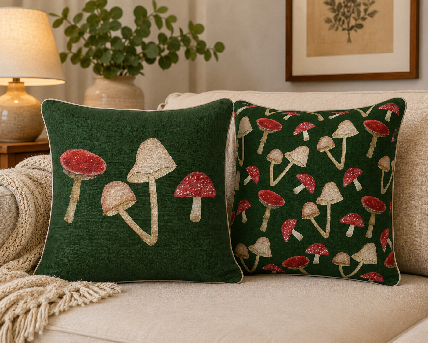 So Mush Love Mushroom Cushion – Velvet | 40 × 40 cm | Green